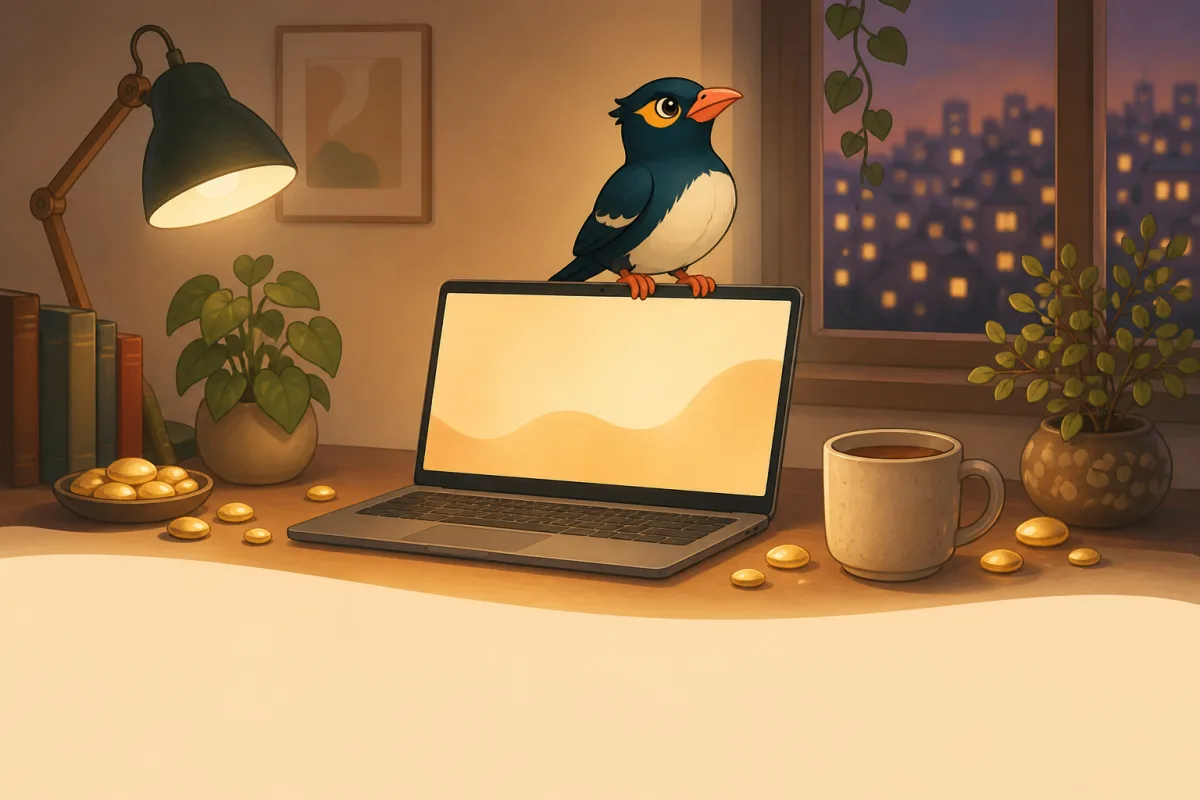A warm desk at evening with a glowing laptop, tea, scattered glowing pebbles, and the myna bird perched proudly on the lid
