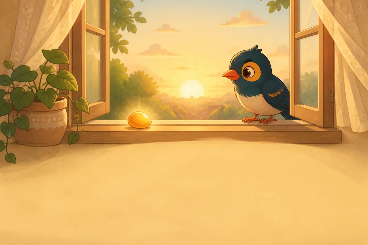 A glowing pebble waiting on a sunrise windowsill as the myna bird arrives