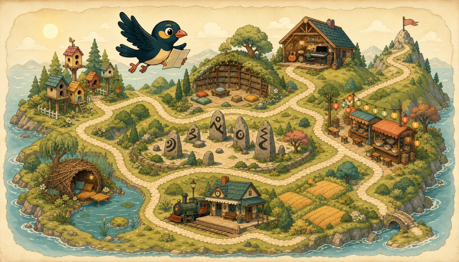 A parchment island map: eight little regions joined by a winding pebble path, the myna flying above with a tiny map