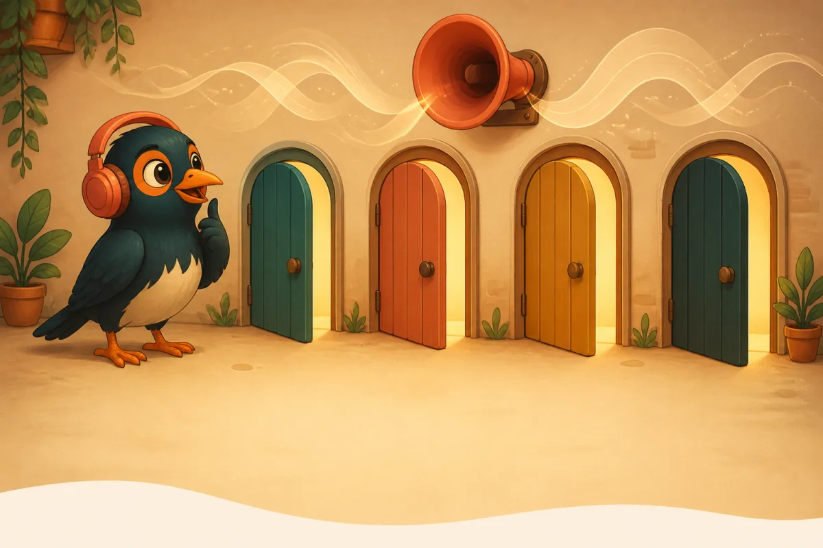 The myna bird in a cozy listening lab of gramophones and glowing sound waves